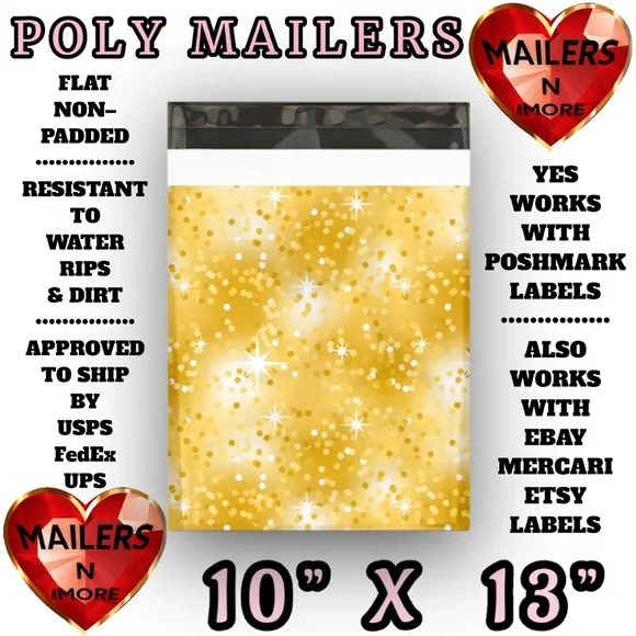 ( Quantity 25 10x13 ) Gold Glitter Poly Mailer Bags Shipping Envelopes - Picture 2 of 3